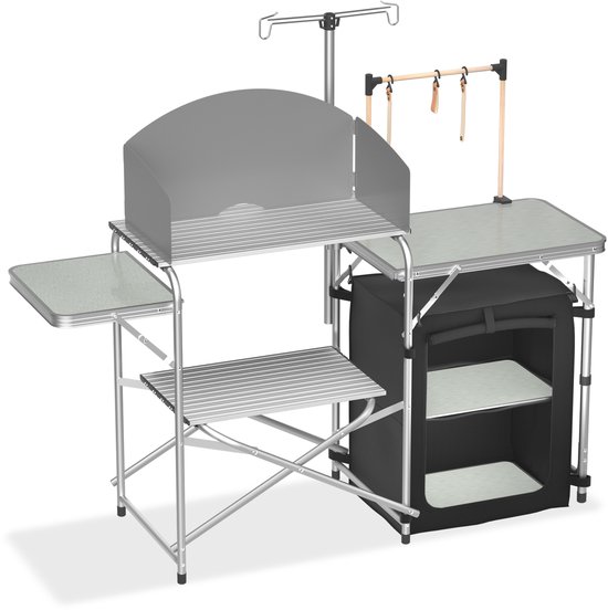 Opvouwbare campingkast, campingkeuken, campingkeukentafel, keukenkast met 3 werkbladen, lichtstandaard, afneembare voorruit en draagtas voor camping, strand, reizen van Merkloos — afbeelding 4