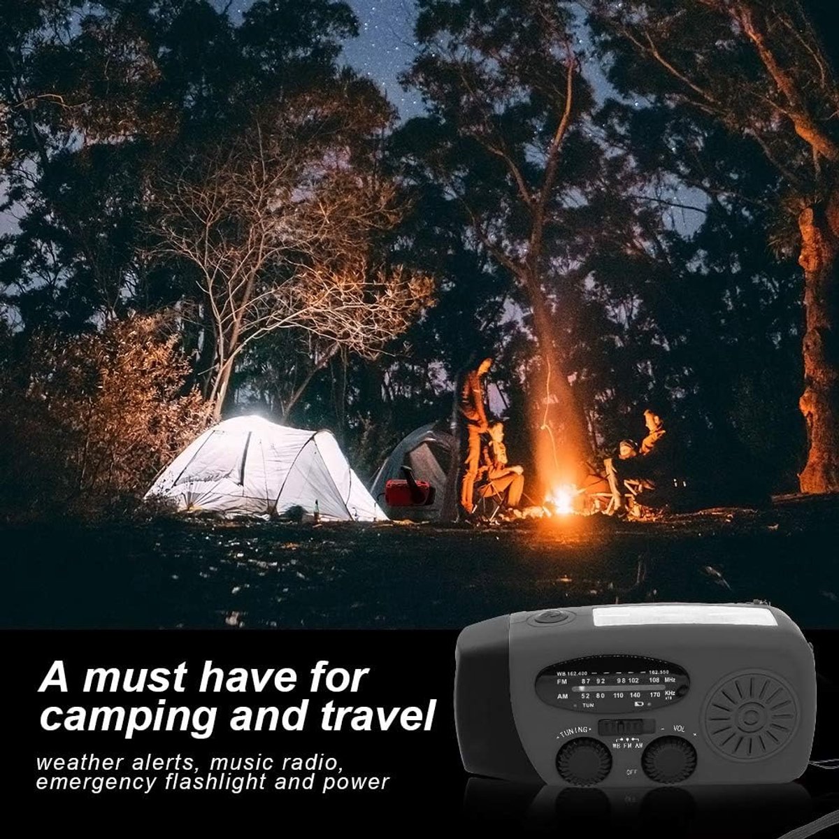 FM/AM/WB - Solar - Zaklamp - Powerbank- mini-noodoverlevingsradio op zonne - Noodradio Op Batterijen -energie - met 3 LED's Superheldere zaklamp 2000mAh batterij - aangedreven powerbank Smartphone-oplader - zwart – foto 5