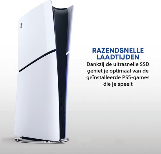Witte PlayStation 5 console in een verticale positie, met focus op het snelle laden.