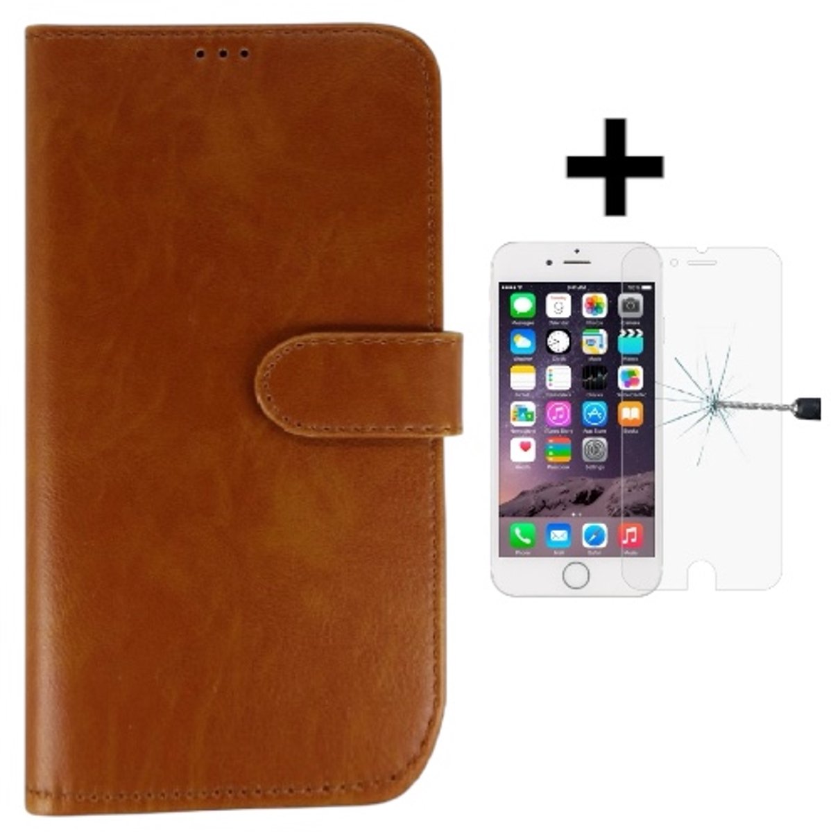 Excellent Wallet Case Geschikt voor Apple iPhone 6/6S en gratis protector Bruin