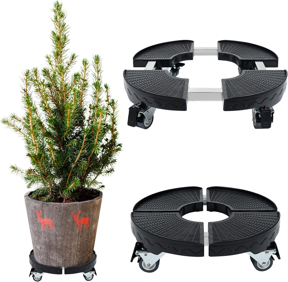 Aufun Plantenwagen rollende plantenbakstandaard, verstelbare maat 39 tot 52 cm, plantenstandaard met wielen, bloempot rollende onderzetter met wielen, zwart