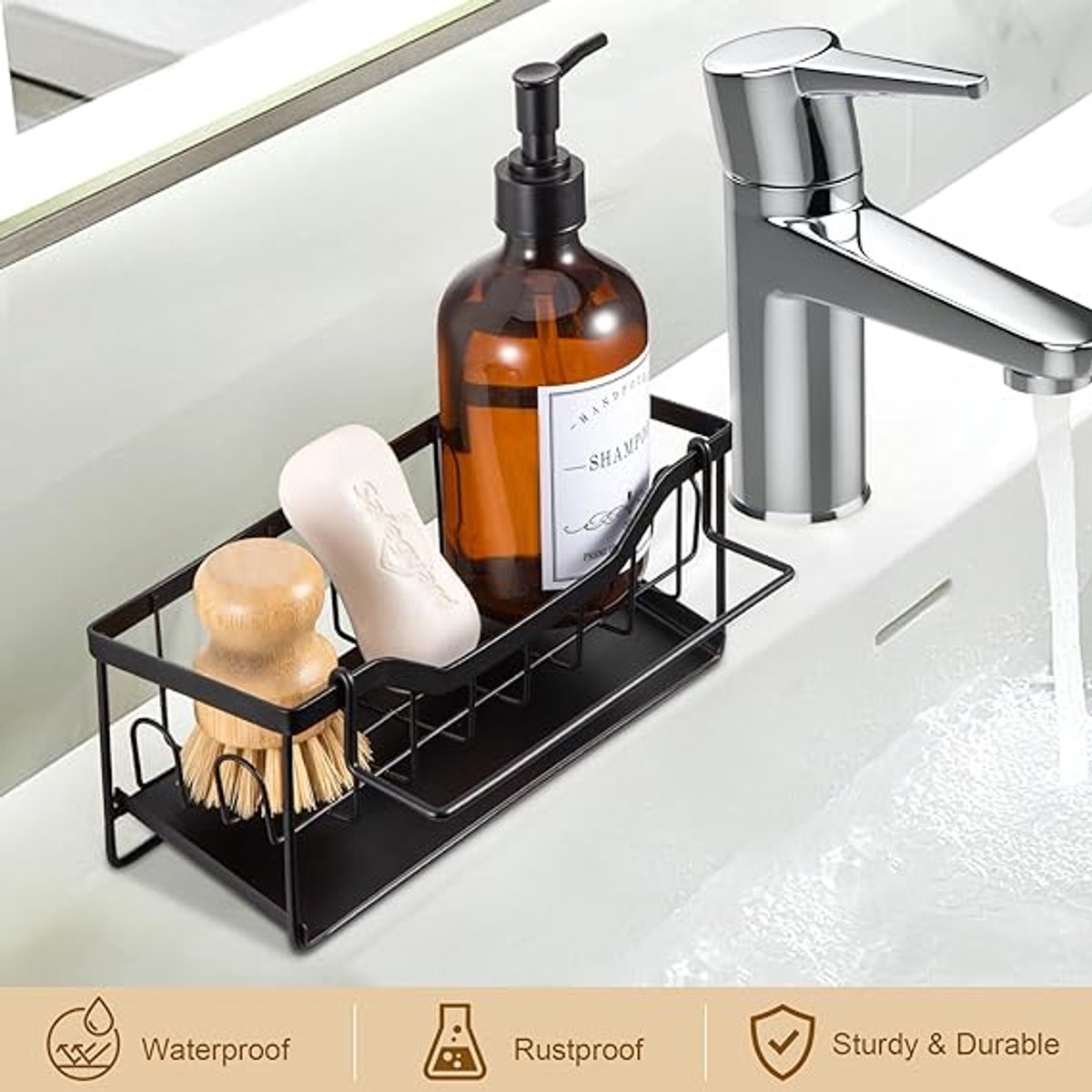 Famanu - Spoelbak Organizer Zwart,Opbergbakje Gootsteen Wasbak Organizer Keuken,Caddy Sink Gebied Organisator,Sponshouder met Zelfledigende Afvoer en Afneembaar Handdoekenrek,Afwasborstel en Afwasmiddel Houder