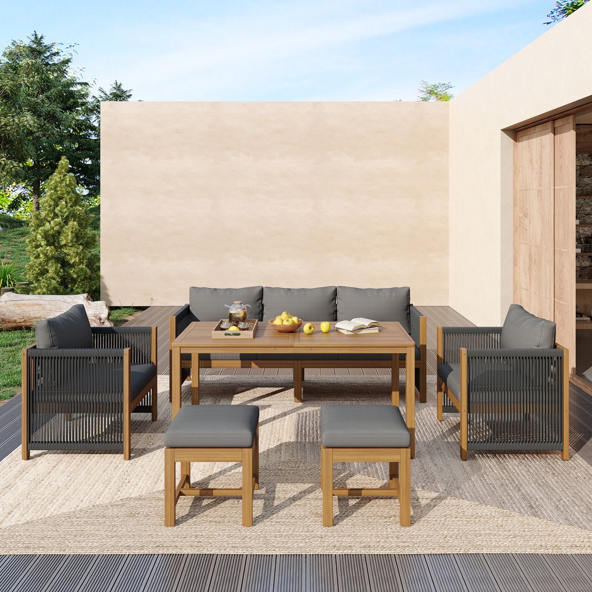 Sweiko Tuin loungeset - 6-delige dining set - 3 zits bank + 2 fauteuils + 2 krukken + acaciahouten tafelblad - Grijs