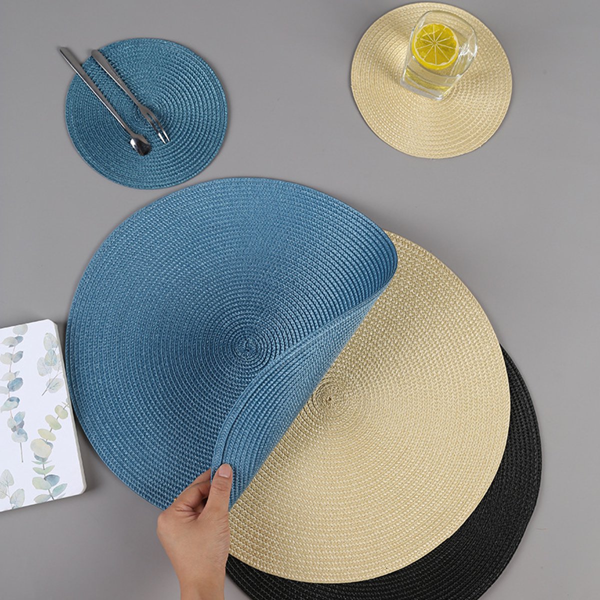 Set van 4 ronde geweven placemats van 38 cm, wasbaar, hittebestendig katoen en polyester, ronde placemats voor de keuken en eettafel - Sail Blue — cadeau in Wonen & Interieur - foto 2