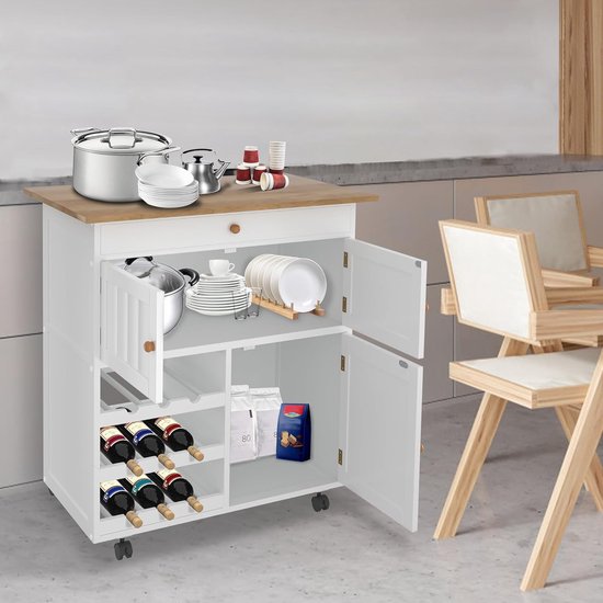 NAIZY Keukenkast, keukentrolley met werkblad, wielen en laden, afsluitbaar, serveerwagen, 115 x 36 x 90 cm