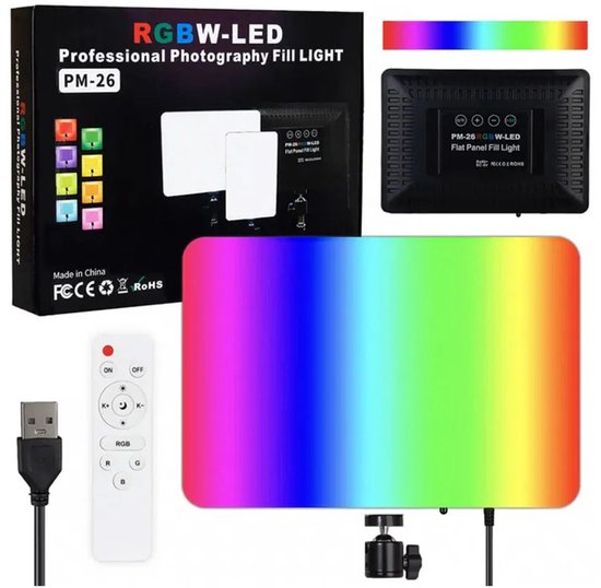 RGBW-LED PM-26 professionele fotografie fill light met afstandsbediening, lichtgevend in regenboogkleuren.