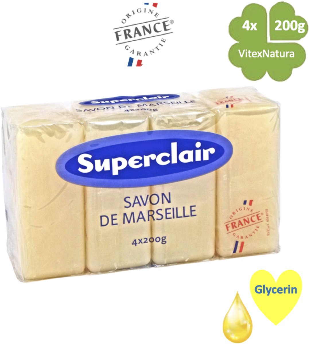 Goedkoopste Marseille zeep glycerine zeep stukken 4x200g. Superclair VOORDEEL pakket.
