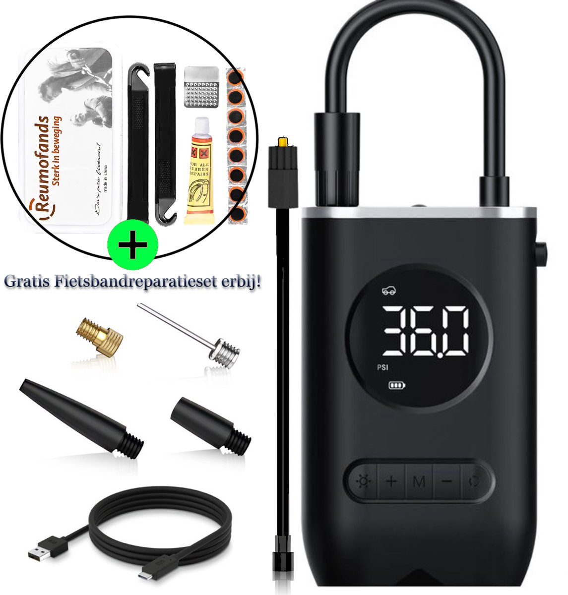 Elektrische fietspomp - Scooter Motor Auto + (Fietsbandreparatieset) Draagbare luchtcompressor bandenpomp - Tot wel 10.3 bar - USB oplaadbaar