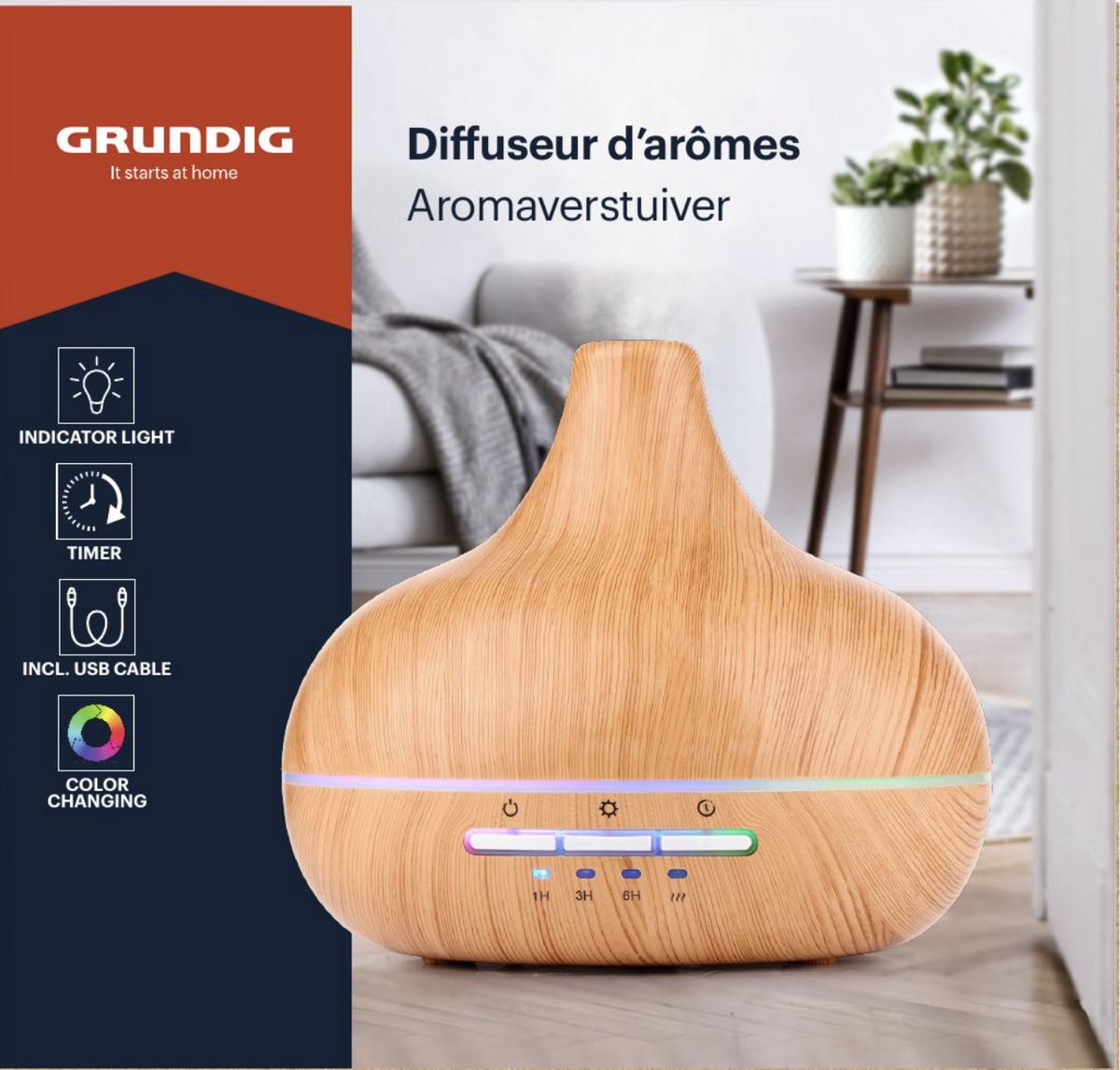 Grundig Aroma Diffuser Luchtbevochtiger 300ml- Elektrische Geurverspreider Met LED Verlichting en Timer - Aromatherapie Met Etherische Oliën - Geur Verspreider - Bamboe — cadeau in Wonen & Interieur - foto 4