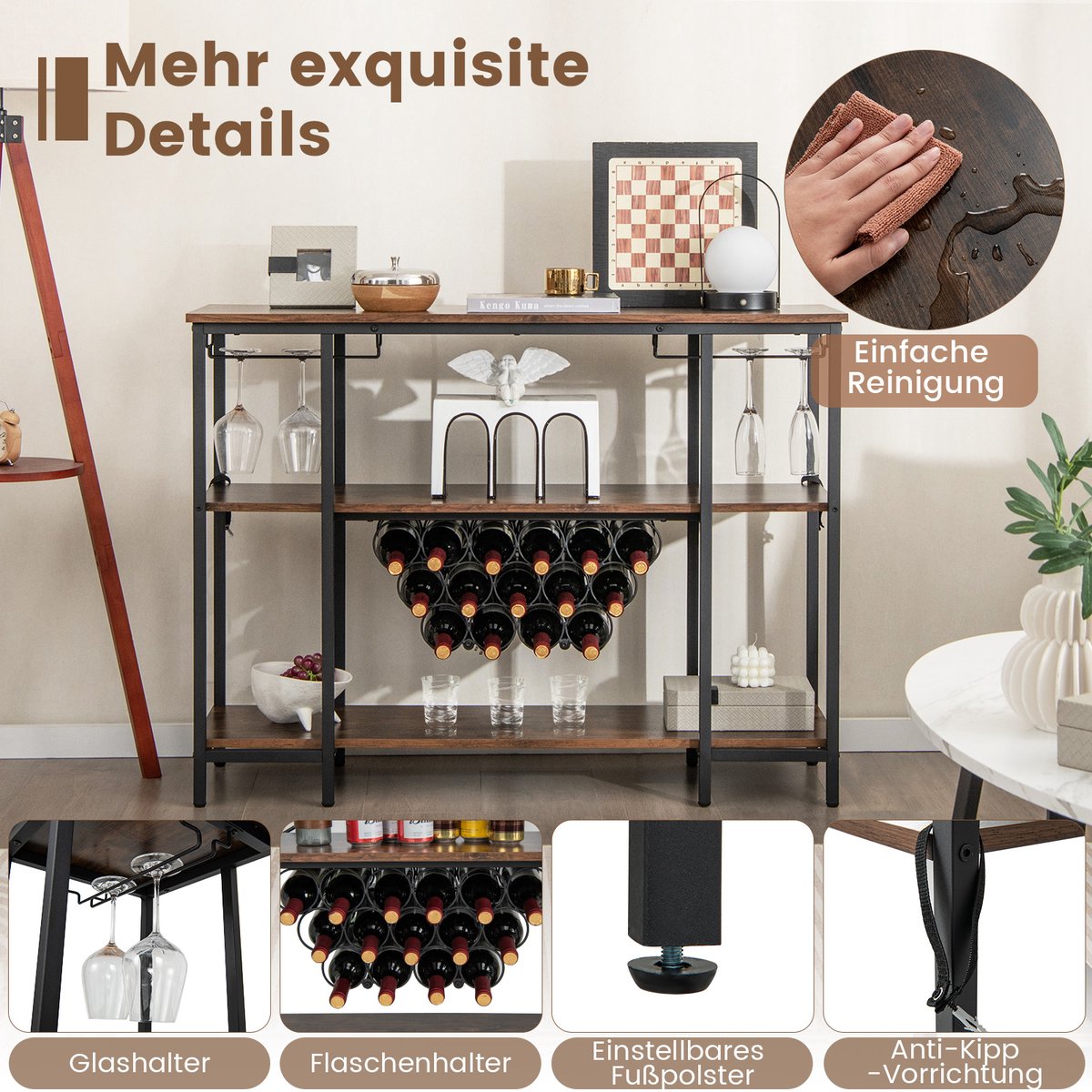 COSTWAY Wijnrek met glazen houder en planken, 3 niveaus, flessenrek met stopcontacten, voor 15 wijnflessen, industri毛le en vrijstaande wijnkast voor thuis, keuken, bar, 113 x 35 x 85 cm — cadeau in Cadeau-ideeën - foto 4