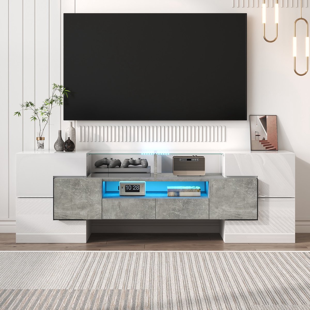 Sweiko TV-meubel - Hoogglans - 145 cm - Met LED-verlichting - Glazen blad - Wit + Grijs