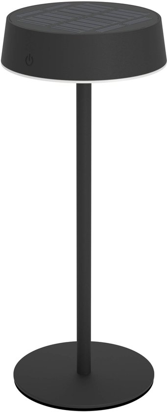 Lampe de table noire sans fil avec base ronde et abat-jour plat avec panneau solaire.