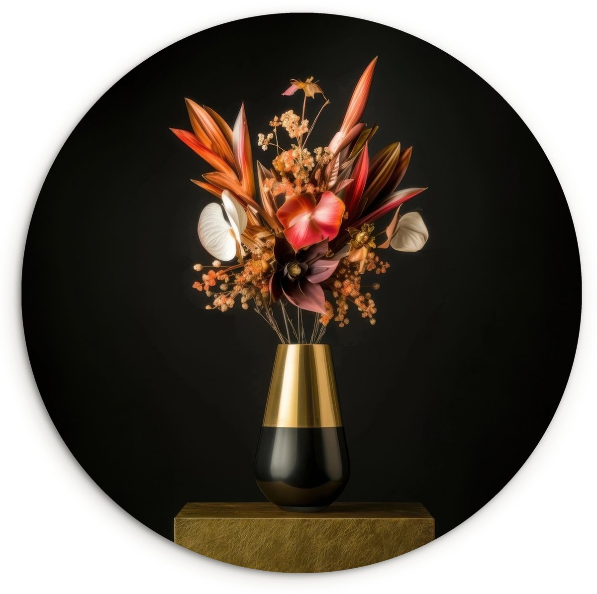 WallCircle Wandcirkel 60x60 cm - Muurcirkel Exotisch - Boeket - Vaas - Goud - Muurdecoratie woonkamer - Wanddecoratie slaapkamer - Kamer decoratie accessoires - Ronde schilderijen Boeket - Bloemen 4