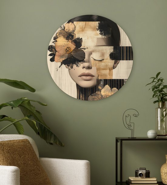 WallCircle® Cercle mural 60x60 cm - Cercle mural Visage - Fleurs - Zwart - Femme - Décoration murale salon - Décoration murale chambre - Accessoires de décoration de chambre - Tableaux ronds