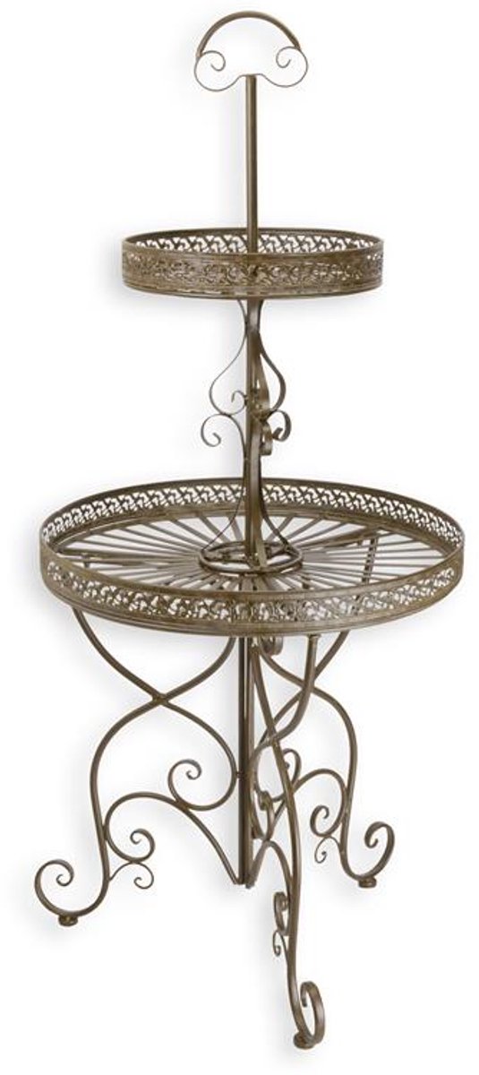 Gietijzer Etagère 2-Tiers Rond Bruin – Stijlvolle Decoratieve Plantenstandaard voor Binnen en Buiten