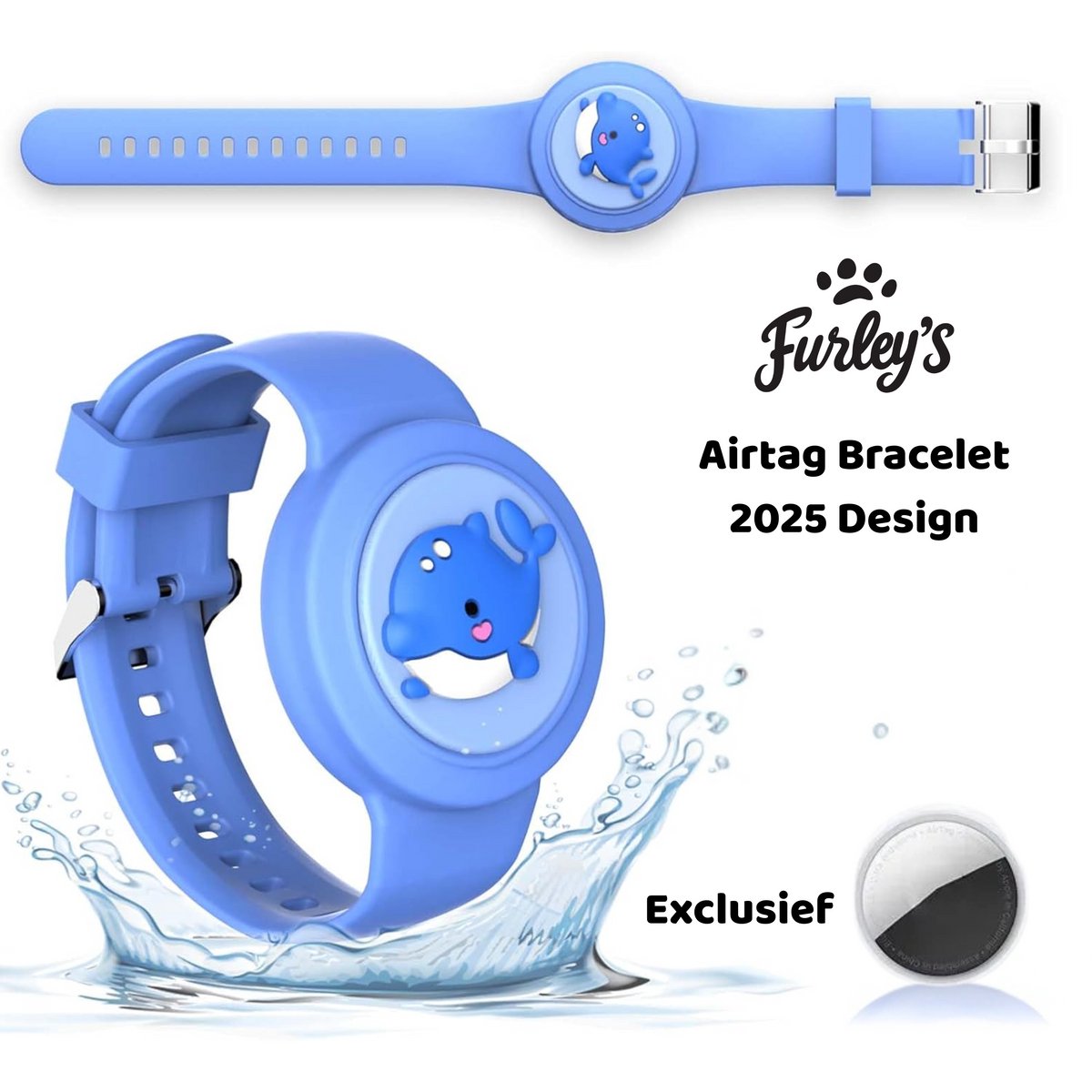 Waterdichte Kinderarmband - Siliconen Tracker Houder - Geschikt voor AirTag Compatibele Trackers - 2025 Cartoon Design - Blauwe Walvis
