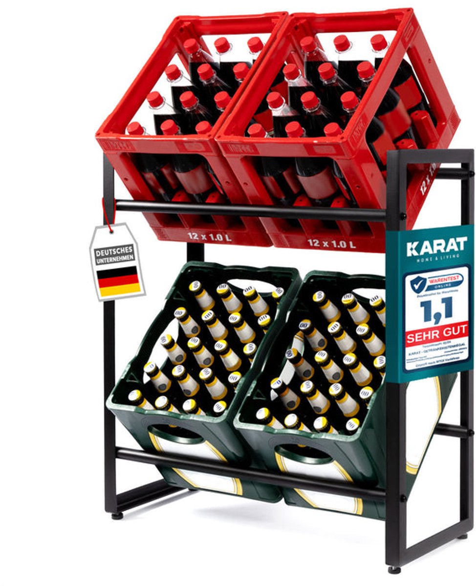 FLOORDIREKT Drankenkrattenrek voor 4 kratten - Stevig & Ruimtebesparend Drankenrek incl. Montagemateriaal - Metalen Krattenrek - Opbergrek voor Dranken - Kenji