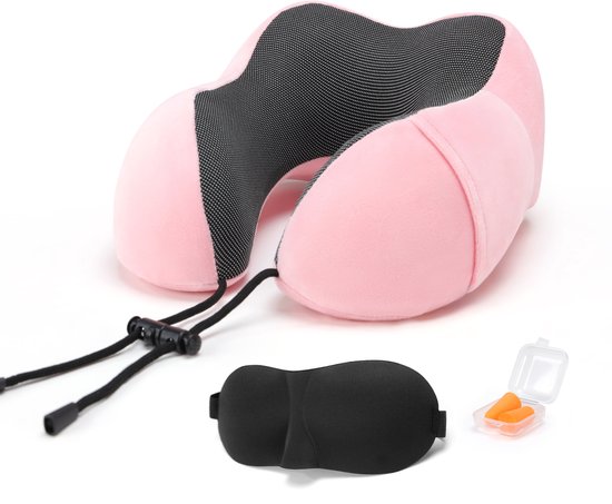 SKYCASES Travel Essentials - Nekkussen Set 3-delig - Ergonomisch Memory Foam Reiskussen met Oogmasker en Oordoppen - Ideaal voor Vliegtuig, Auto en Trein - Compact en Luxe - Rose