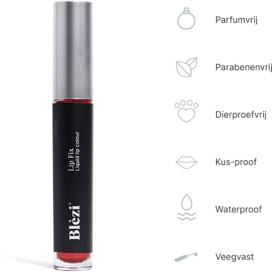 Lip Fix Vloeibare lipkleur in Gracious Red, met icoontjes voor parfumvrij, parabeenvrij, dierproefvrij, kus-proof, waterproof en veegvast.