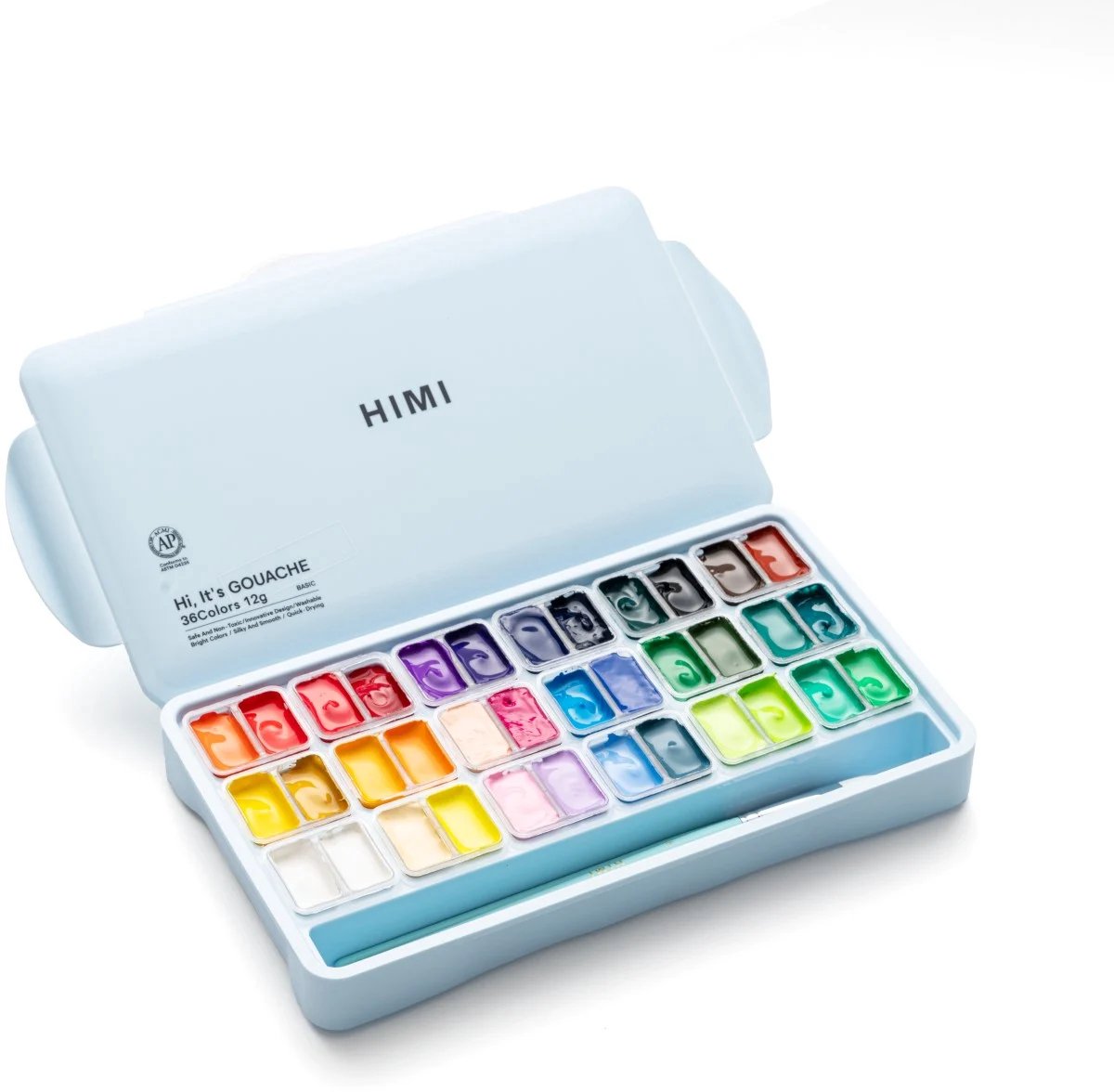 HIMI - Gouache - Twin split cups - set van 36 kleuren - 12g - 3 penselen - Ice Blue — afbeelding 2