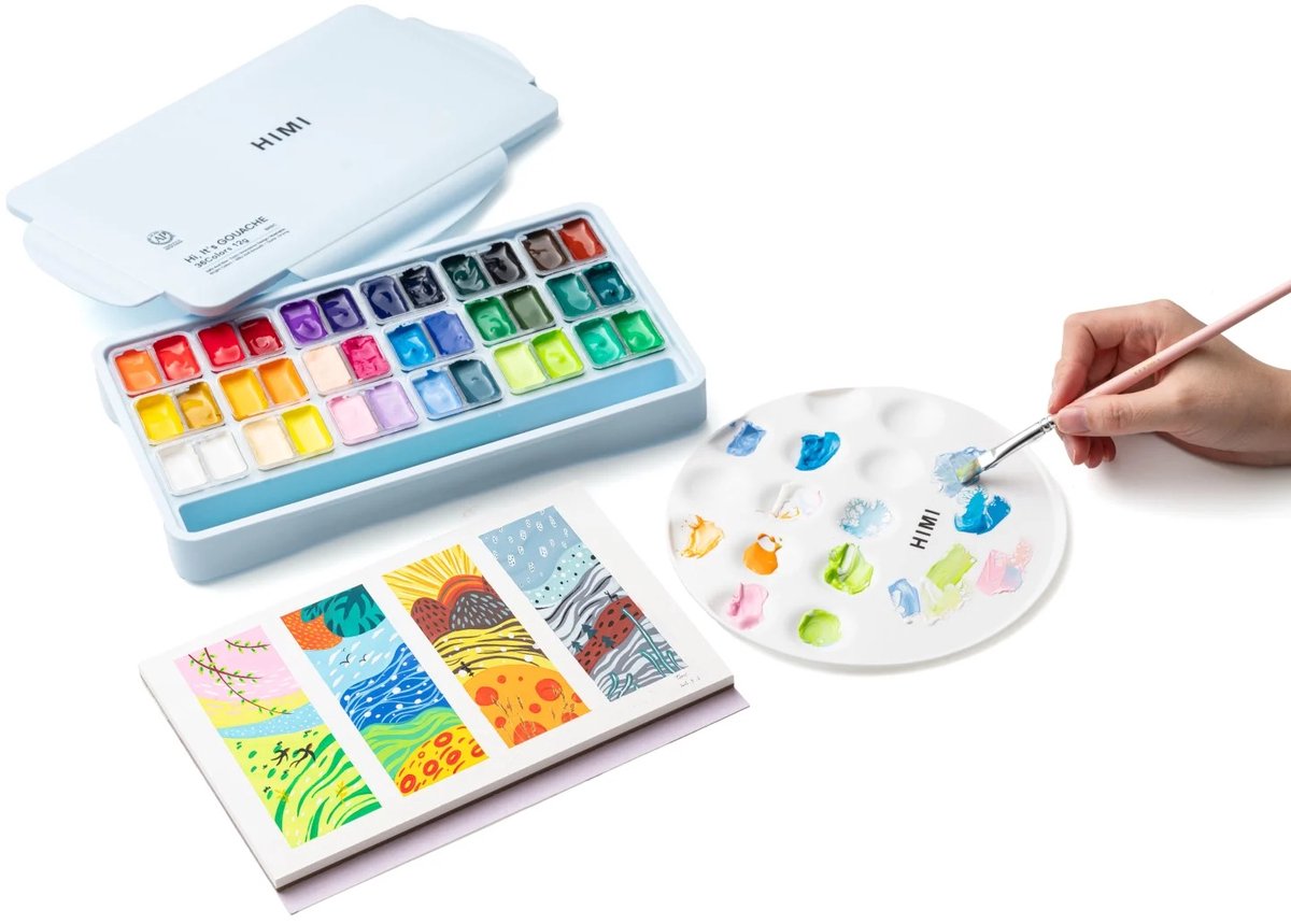 HIMI - Gouache - Twin split cups - set van 36 kleuren - 12g - 3 penselen - Ice Blue — afbeelding 7