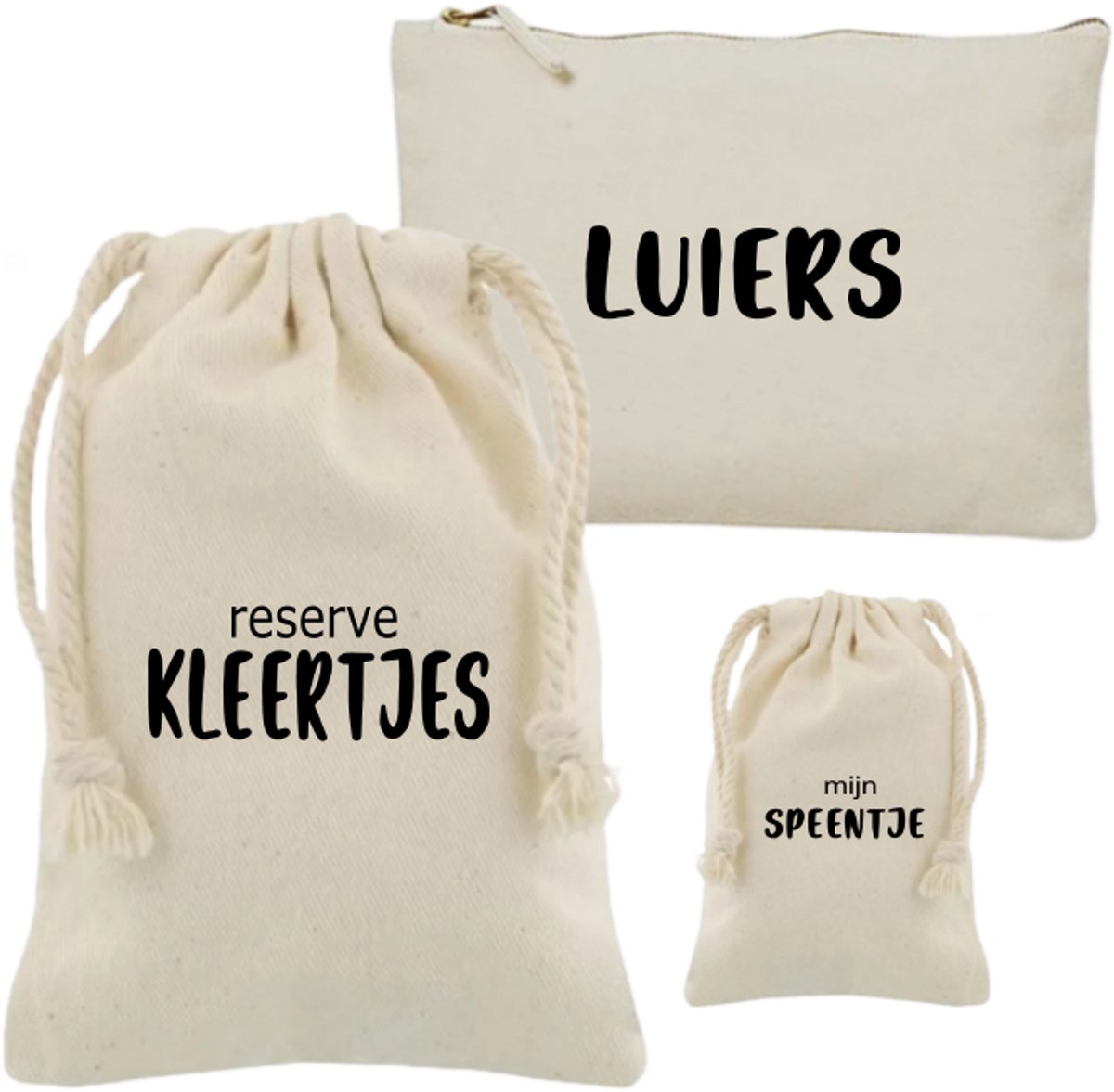 Image of 3- delige set | Reserve kleertjes | Luiers | Speen | Fiep | Bewaarzakjes | opbergen | kinderopvang | meenemen | organiseren | baby | newborn | luiertasje | speentje | Katoenen zak | Opberg zak | Cotton bag | bewaaretui | Organizer