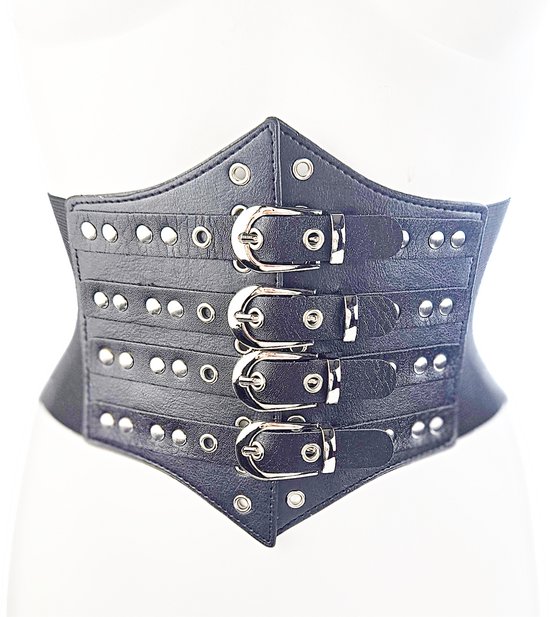 Zwarte korsettailleband op een witte paspop, met vier rijen gespen en zilveren studs.