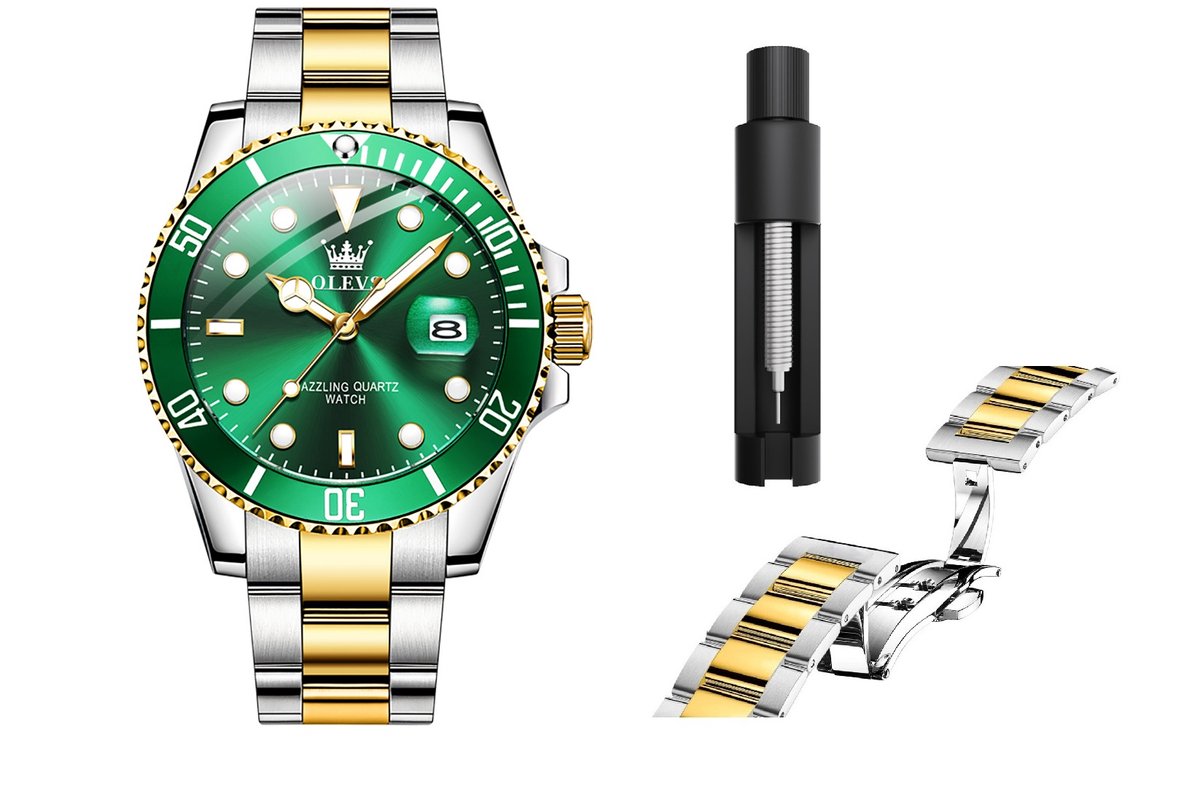 OLEVS Horloge Heren - RVS - Vlindersluiting - Groen-Zilvergoud - GWS-uitvoering - Horloges voor Mannen