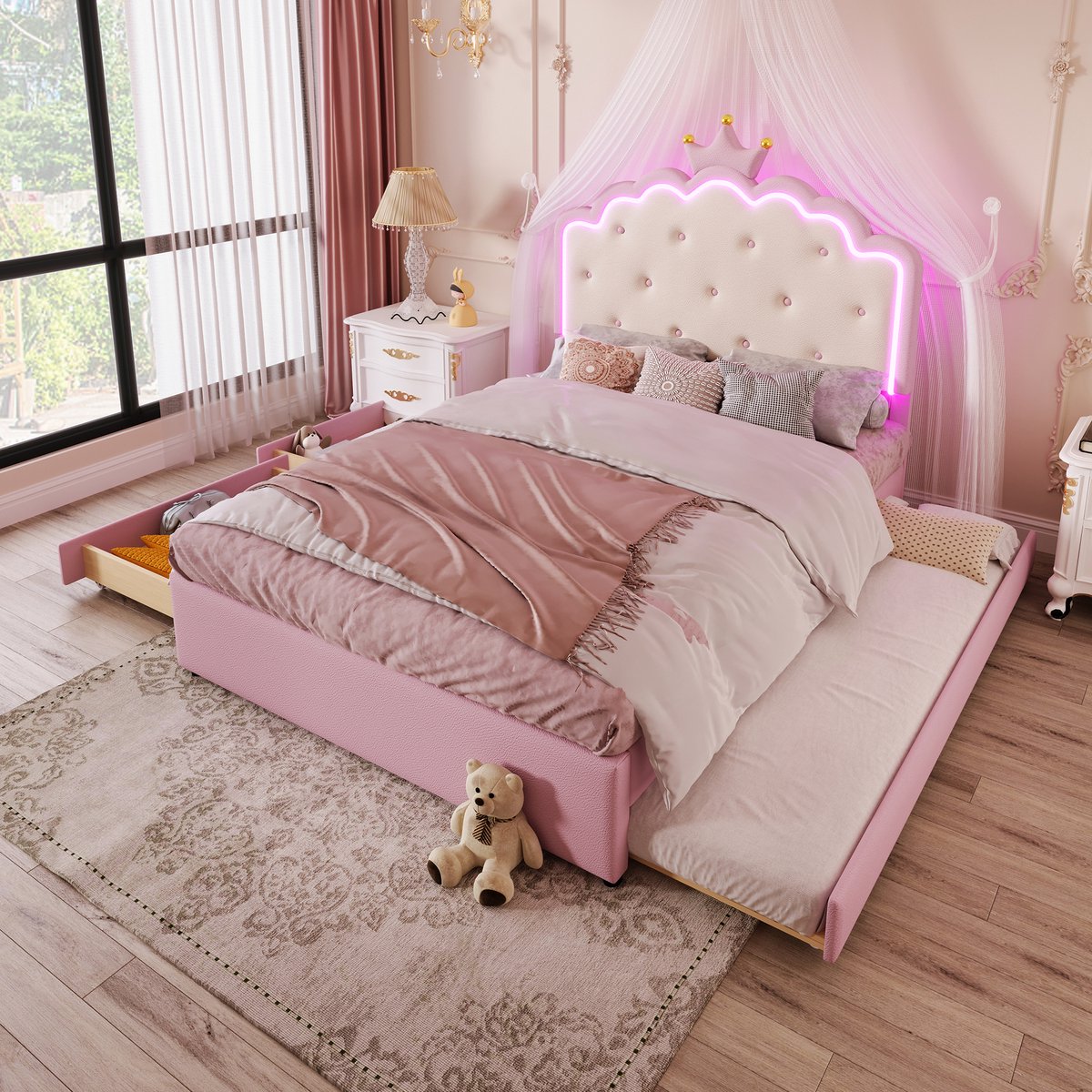 Gestoffeerd bed - 140x200cm - zonder matras - sfeerverlichting met afstandsbediening - kroonprinsesvorm - uitschuifbaar bed - PU - roze