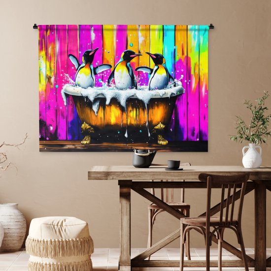 Wandkleed 150x112 cm - Wanddoek Pinguïns - Badkuip - Kleurrijk - Schuim - Wandtapijt - Wandkleden