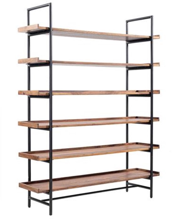 Boekenkast met 6 houten planken en een zwart metalen frame, 140x40x180.