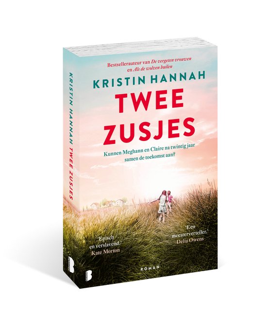 Couverture du livre 'Twee zusjes' avec deux filles courant dans un champ. Le dos du livre montre le titre et l'auteur.