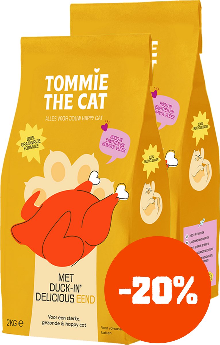 Tommie the Cat - 100% graanvrije kattenbrokken - bomvol verse eend met zalm - 65% vlees - kattenvoer droogvoer - 2 zakken - 4kg