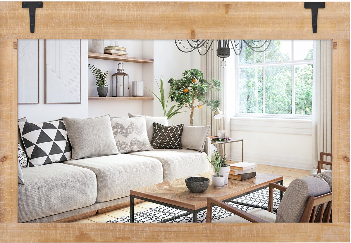 Costway Wandspiegel om op te hangen, 97 x 67 cm grote hangspiegel met houten lijst, decoratieve spiegel met metalen haken, rechthoekige houten spiegel, voor slaapkamer, woonkamer, natuur naturel
