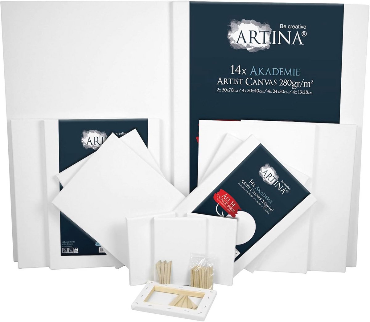 Schilderdoeken canvas set van 14 stuks, 50x70, 30x40, 24x30, 13x18 cm, 100% katoen, 280g/m²