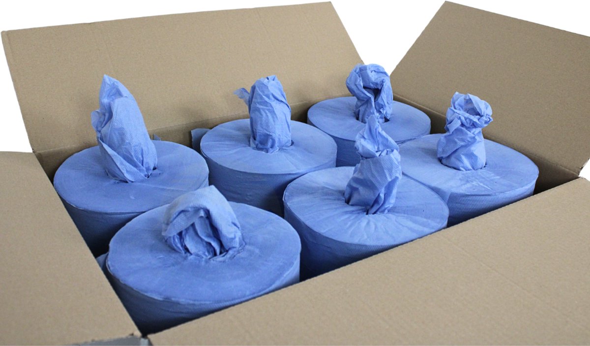 KURTT 6 handdoekrollen zonder koker! 300M, 1-laags cellulose poetspapier, poetsrollen voor industrie, werkplaats en restaurant (blauw, 300M, cellulose)