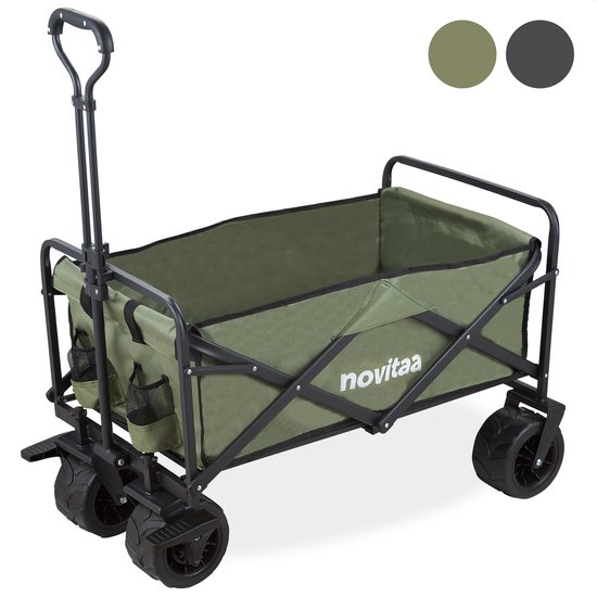 Novitaa Bolderkar Opvouwbaar - Sterk Frame - Dikkere Wielen met Rem - 150KG Draagkracht - 100L Inhoud - Wasbaar Polyester - Groen