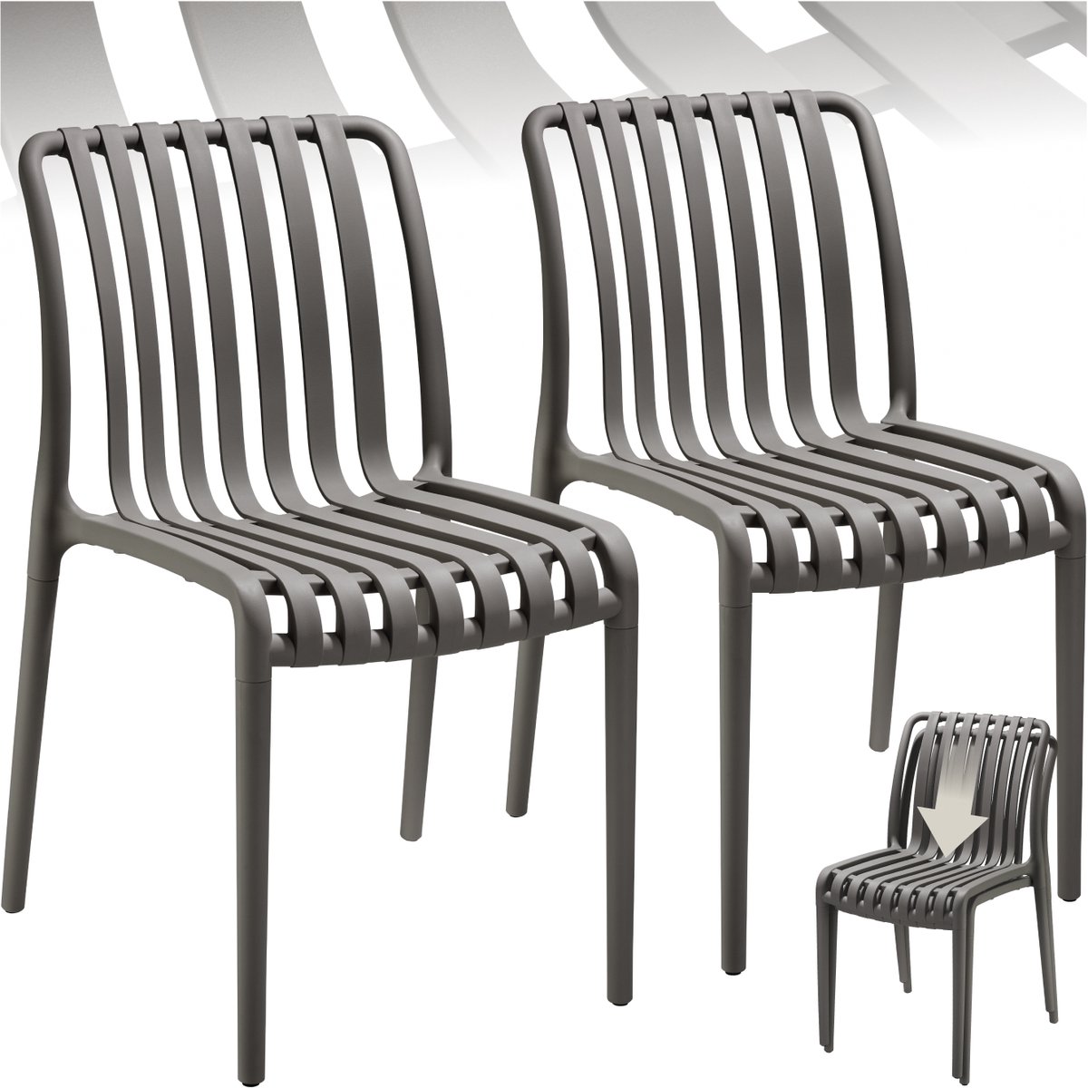 tectake® Set van 2 Tuinstoelen Alcudia - Antraciet - Kunststof Stoelen - Stapelbaar - Stoelen voor Tuin, Terras of Balkon - Weerbestendig en UV-bestendig - Draagkracht 120kg per Tuinstoel