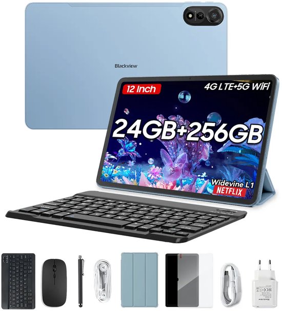 Blackview MEGA 2 Tablet Sets - Android 15 - 4G LTE+WiFi - 12 Inch - 24GB RAM - 256GB - Widevine L1 - 9000mAh - Blauw