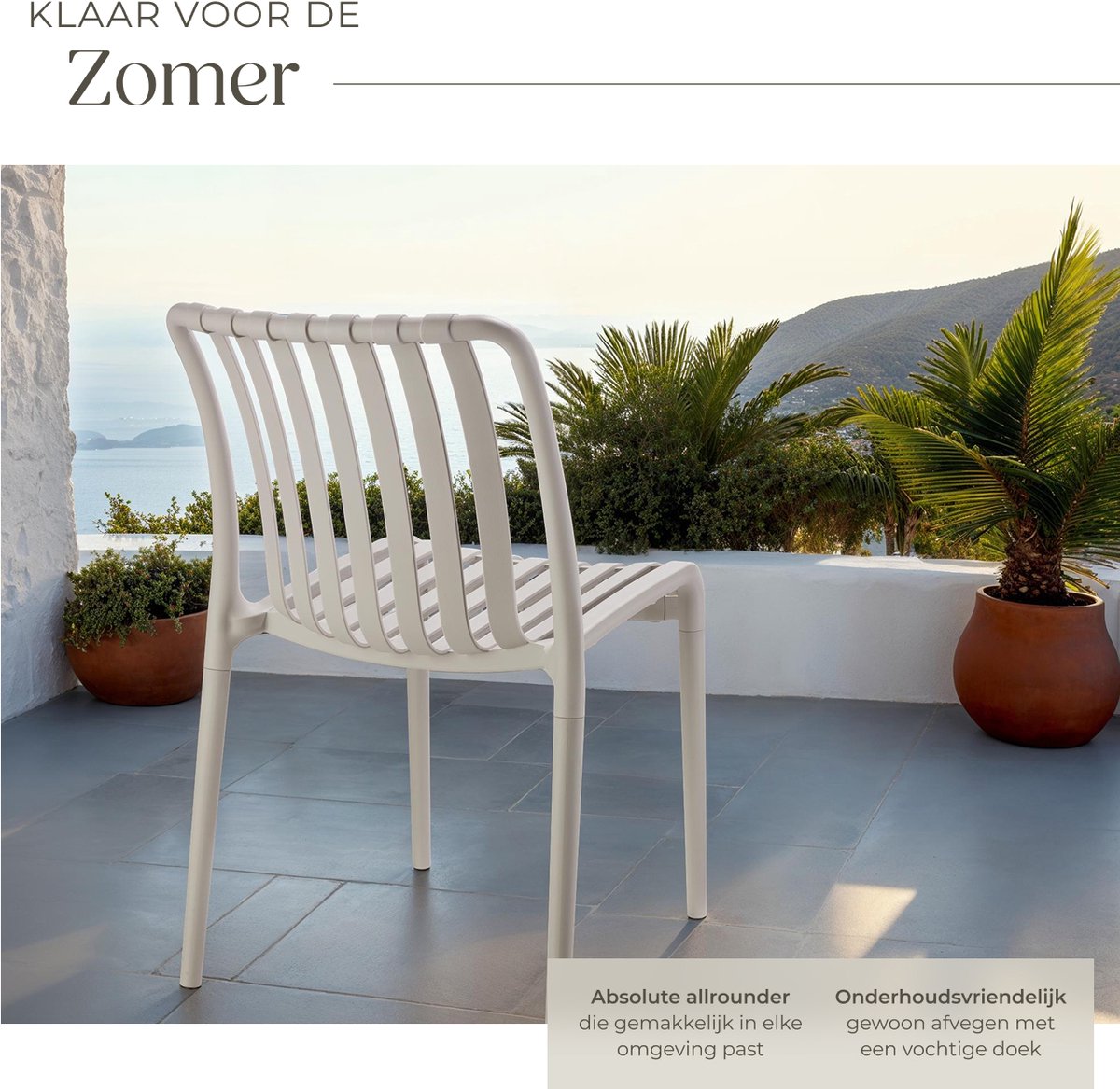 tectake® Set van 4 Tuinstoelen Alcudia - Taupe - Kunststof Stoelen- Stapelbaar - Stoelen voor Tuin, Terras of Balkon - Weerbestendig en UV-bestendig - Draagkracht 120kg per Tuinstoel – foto 4