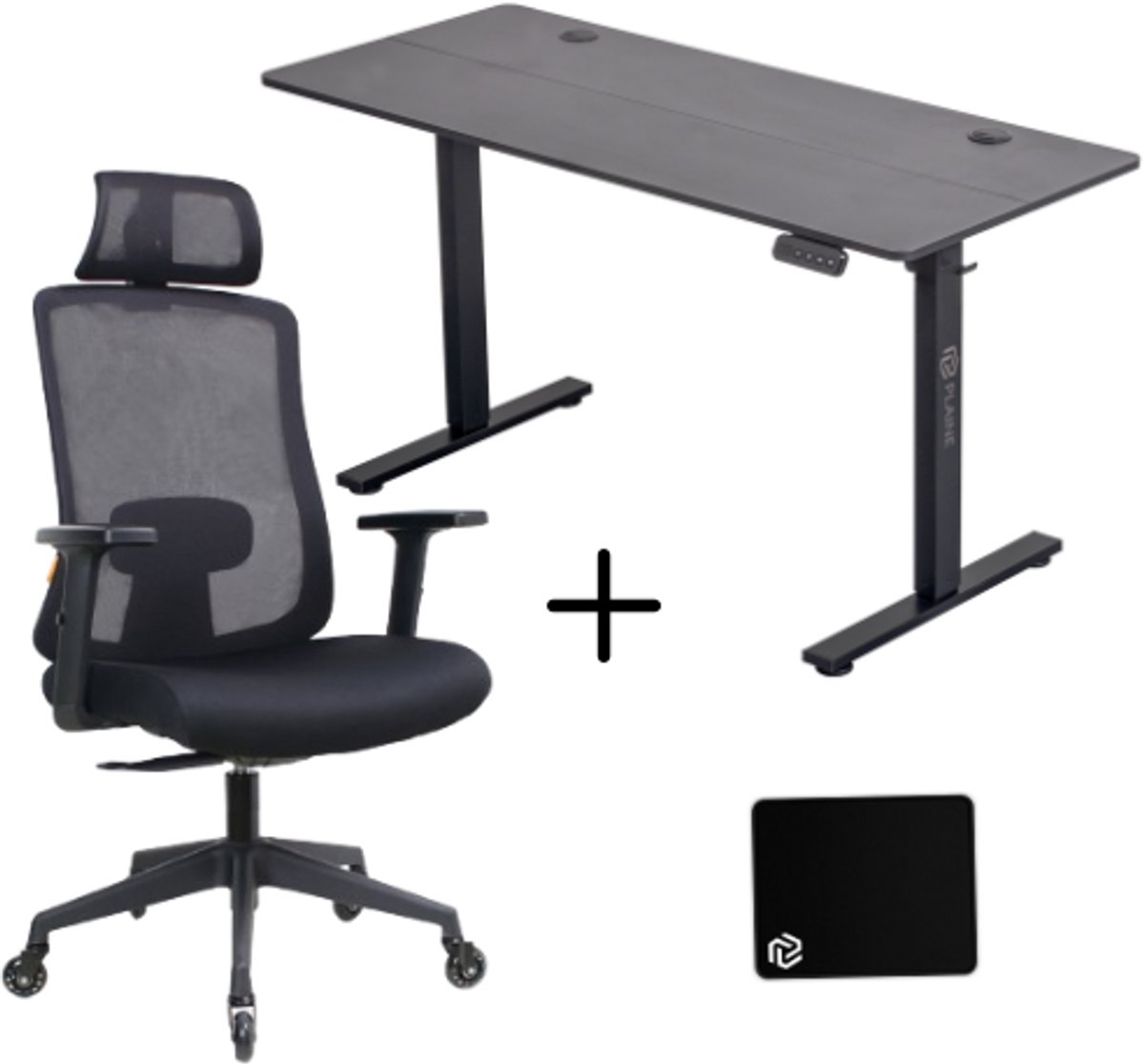Zit-sta Bureau elektrisch verstelbaar + Ergonomische Bureaustoel & Muismat - 140 x 60cm - Zwart