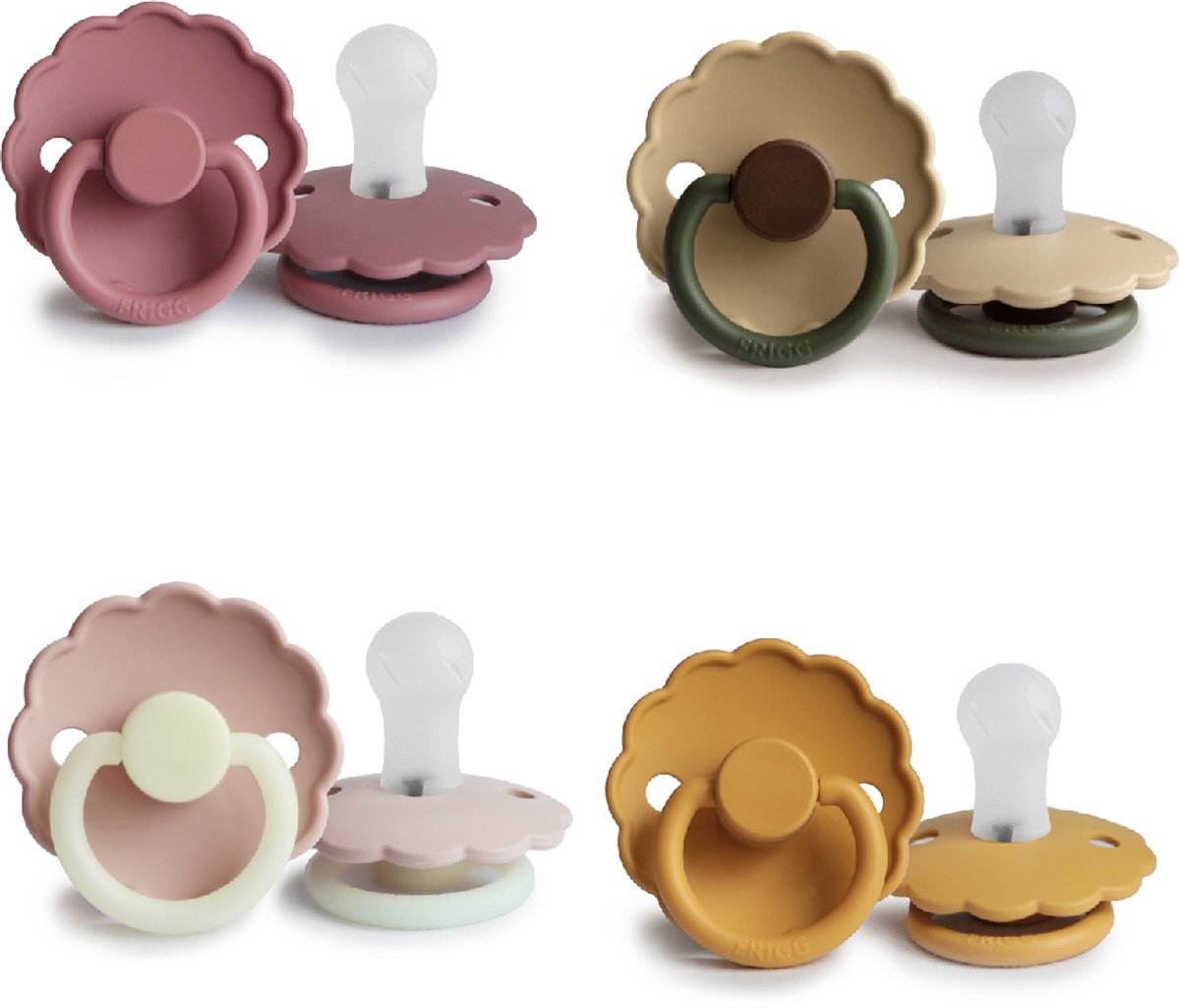 Goedkoopste FRIGG DAISY Fopspeen set 4 stuks - Siliconen - Maat 1 - 0-6 maanden - Cedar - Honey Gold - Acorn - Blush Night