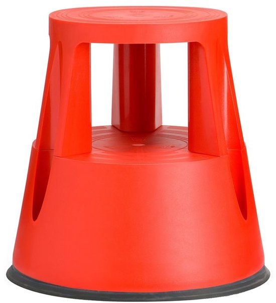 Marchepied en plastique rouge avec bordure noire et deux marches.