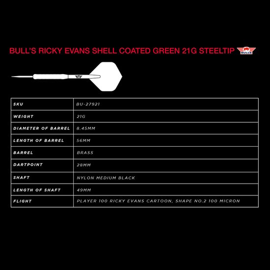 Bull's Ricky Evans - Dartpijlen Shell Coated - Green Brass van Bull's — afbeelding 2
