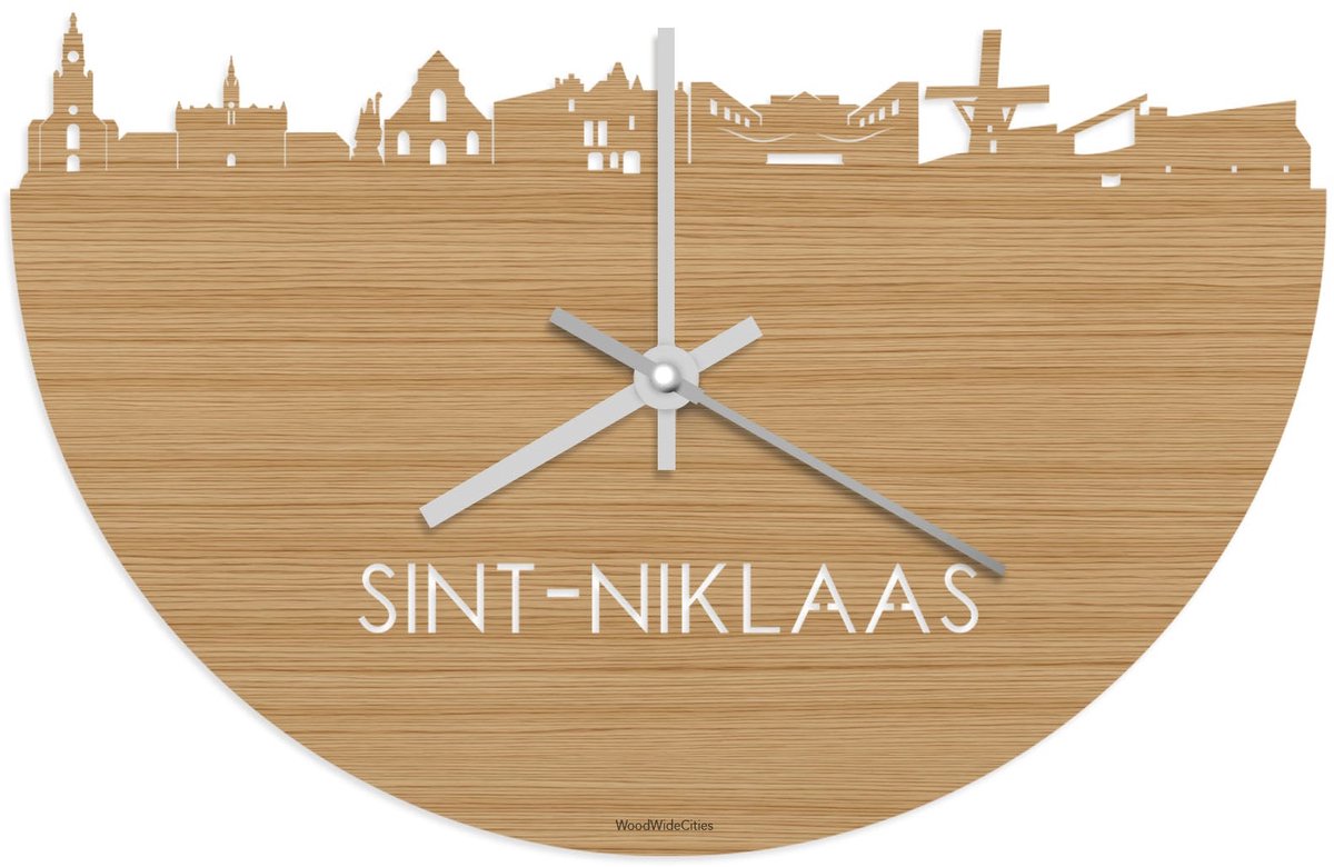 Skyline Klok Sint-Niklaas Bamboe hout - Ø 40 cm - Stil uurwerk - Wanddecoratie - Meer steden beschikbaar - Woonkamer idee - Woondecoratie - City Art - Steden kunst - Cadeau voor hem - Cadeau voor haar - Jubileum - Trouwerij - Housewarming -