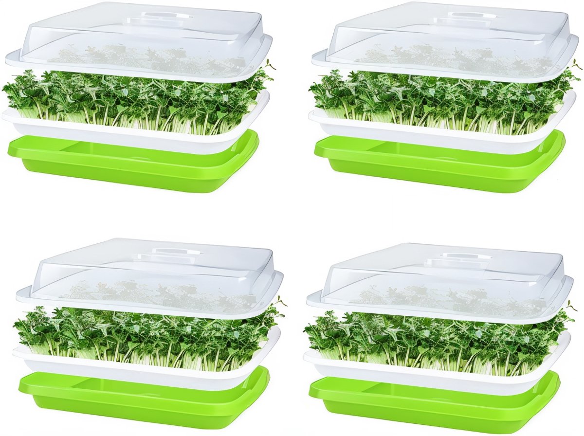 Famanu 4 stuks zaadkiembakken met deksel, 32 cm x 26 cm grote capaciteit kiembak BPA-vrij gezonde hydrocultuur kweekbak met 24 stuks plantpapier voor het kweken van mungbonen, alfalfa, tarwegras