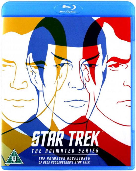 De voorkant van de Star Trek: The Animated Series Blu-ray, met een gestileerde afbeelding van de gezichten van Kirk, Spock en McCoy in rode, blauwe en gele tinten.