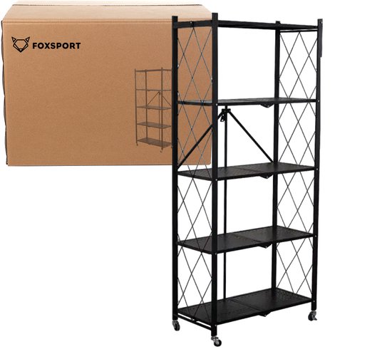 Étagère pliante FOXSPORT - Lot de 2 - Étagère avec roulettes 360 ° - 5 niveaux 72 x 37 x 163 cm - Étagère ouverte - Meuble mural - Rangement de Cuisine - Bibliothèque - Support de rangement pour micro-ondes - Acier inoxydable - Set de 2