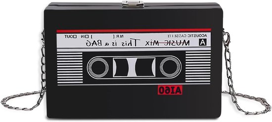 Retro Umhängetasche Kassette Handtasche Damen: 19 x 12 x 5 cm Schräge Schultertasche Radio Handtasche, Tasche Kassetten Schultertasche für 80er 90er Jahre Disco Party Dekoration - Schwarz (Schwarz 2