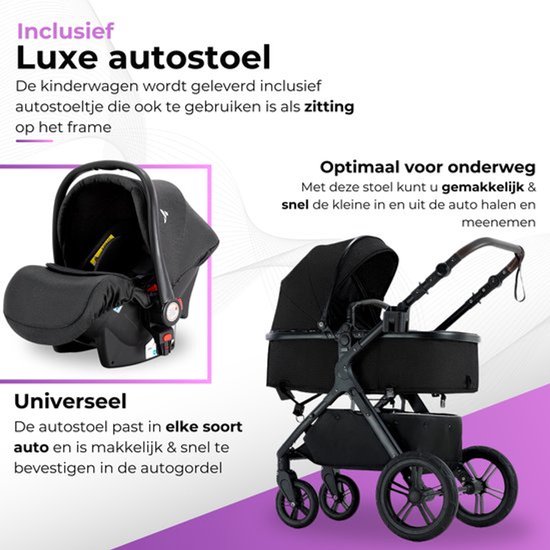 Zwarte kinderwagen 3-in-1 met luxe autostoel, universeel en optimaal voor onderweg.